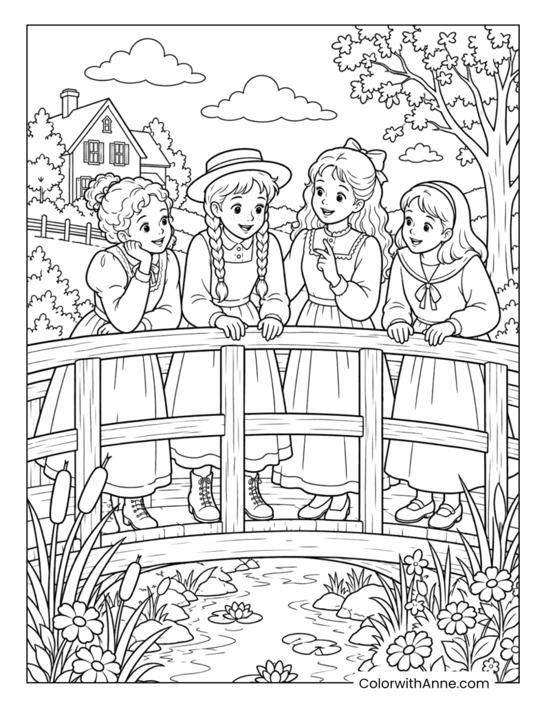 Anne and Friends Chatting on the Bridge Coloring Page