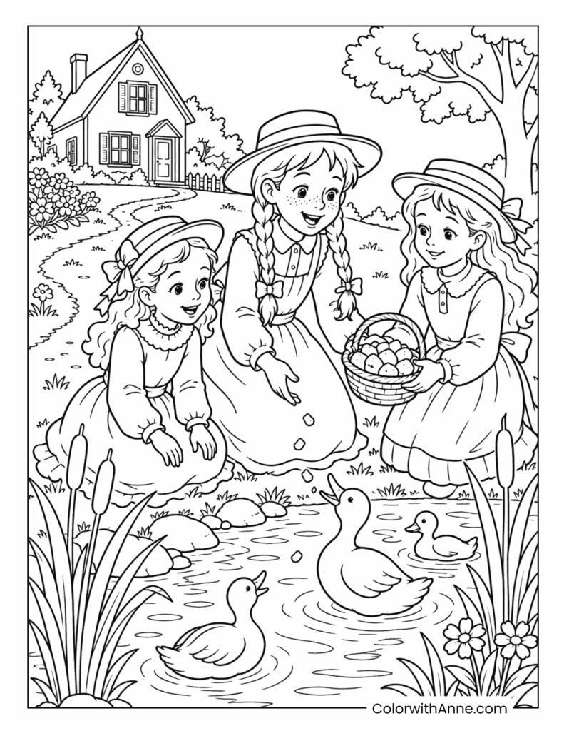 Anne and Friends Feeding Ducks Coloring Page
