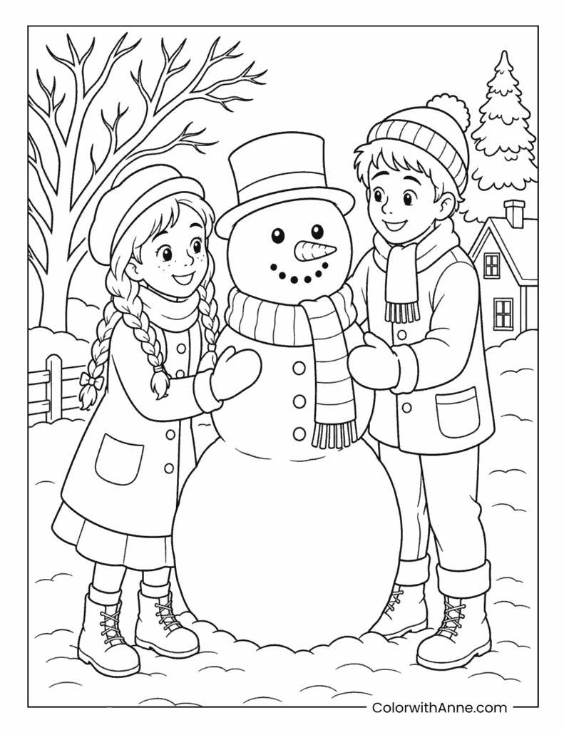 Anne and Gilbert Building a Snowman Coloring Page