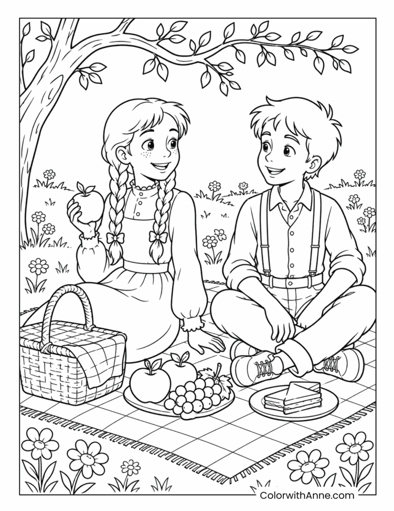 Anne and Gilbert Enjoying a Picnic Coloring Page