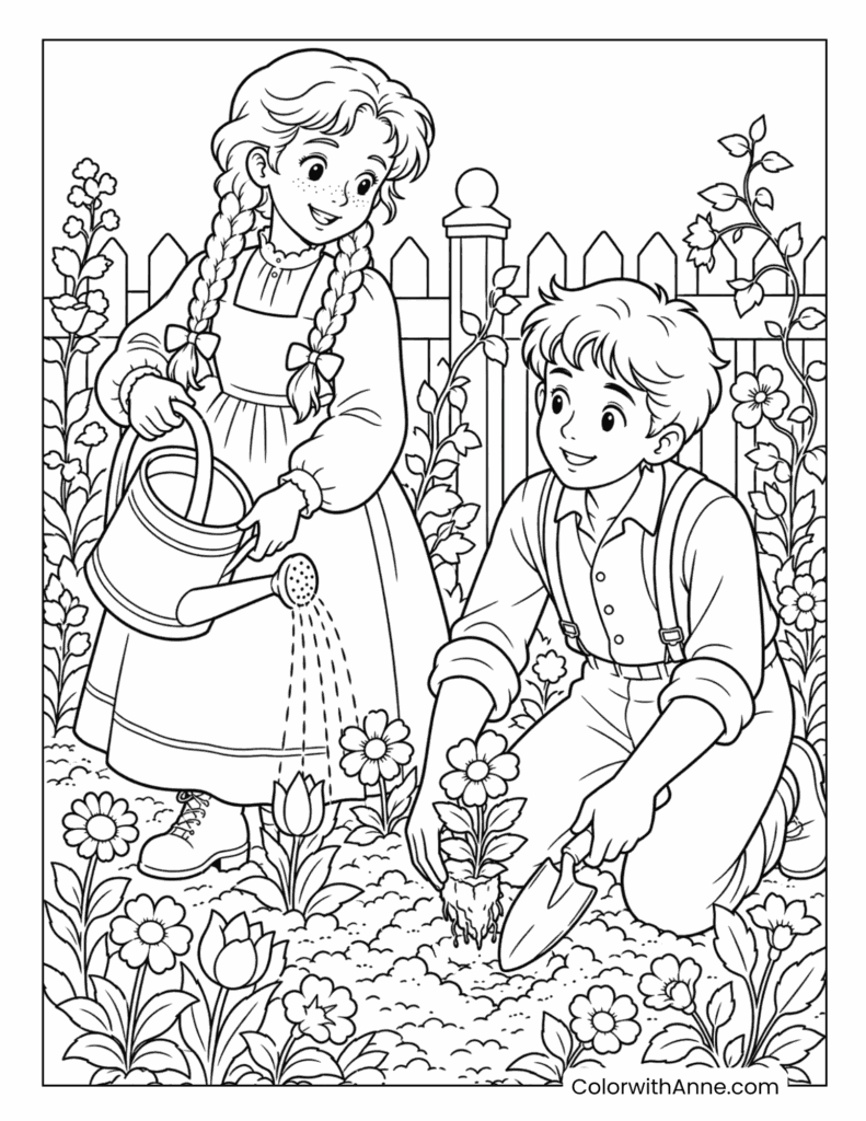 Anne and Gilbert Gardening Coloring Page