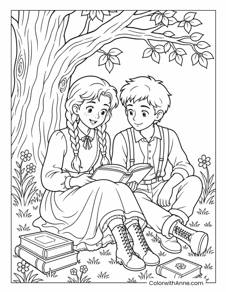 Anne and Gilbert Reading Under the Tree Coloring Page