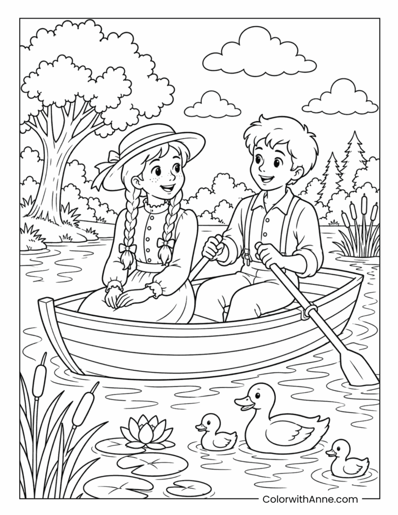 Anne and Gilbert Rowing on the Pond Coloring Page