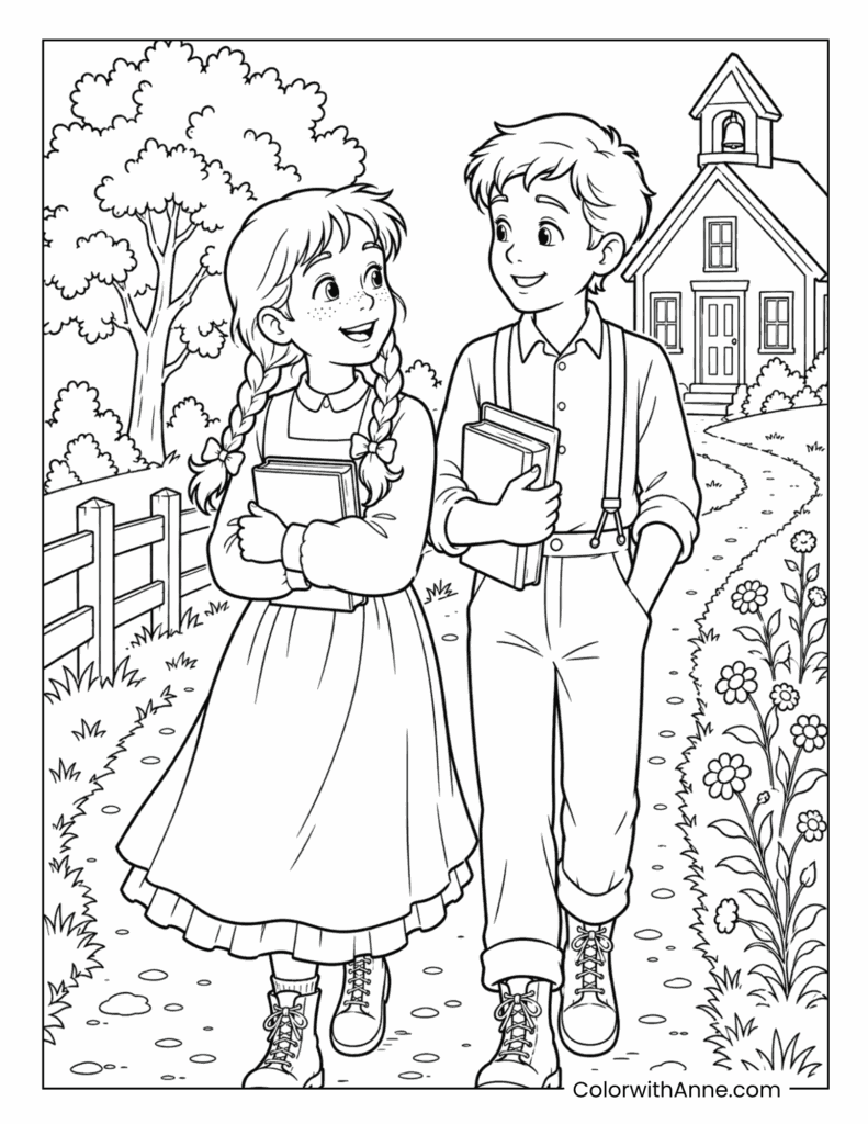 Anne and Gilbert Walking to School Coloring Page
