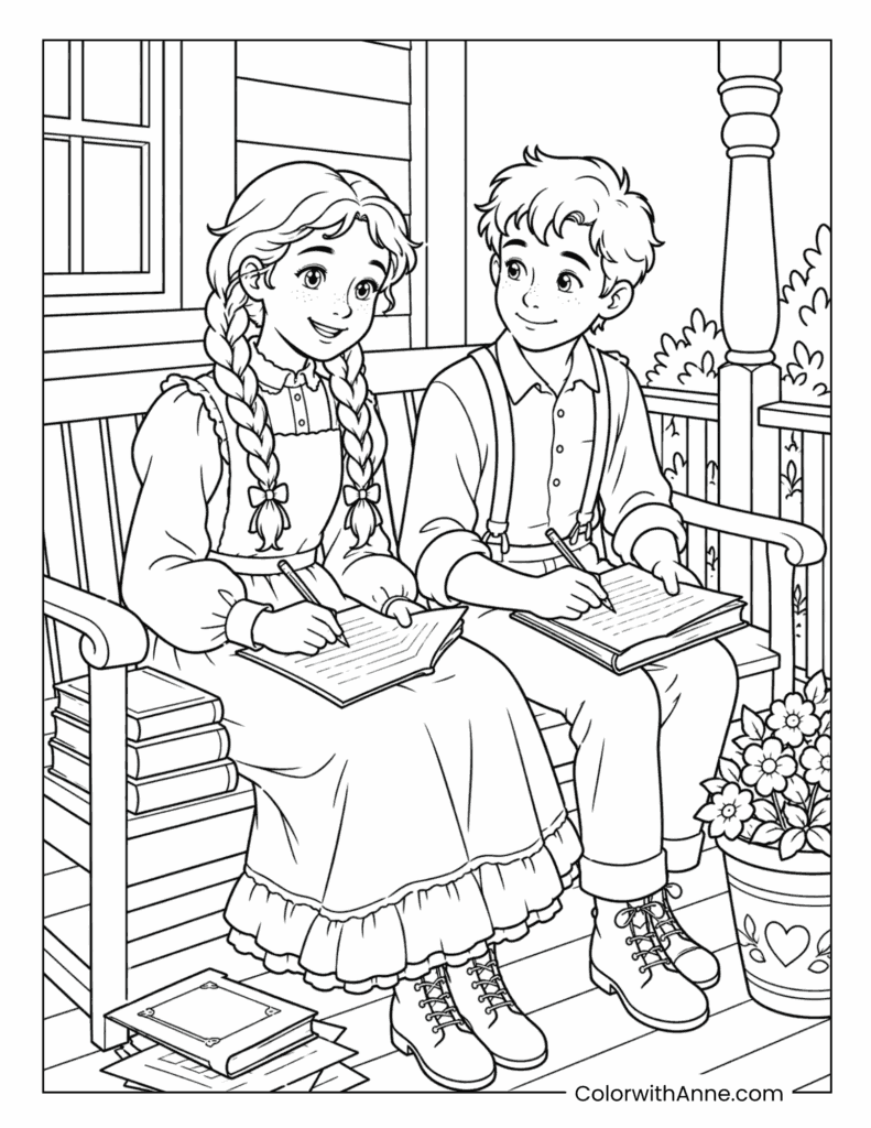 Anne and Gilbert Writing Together on the Porch Coloring Page