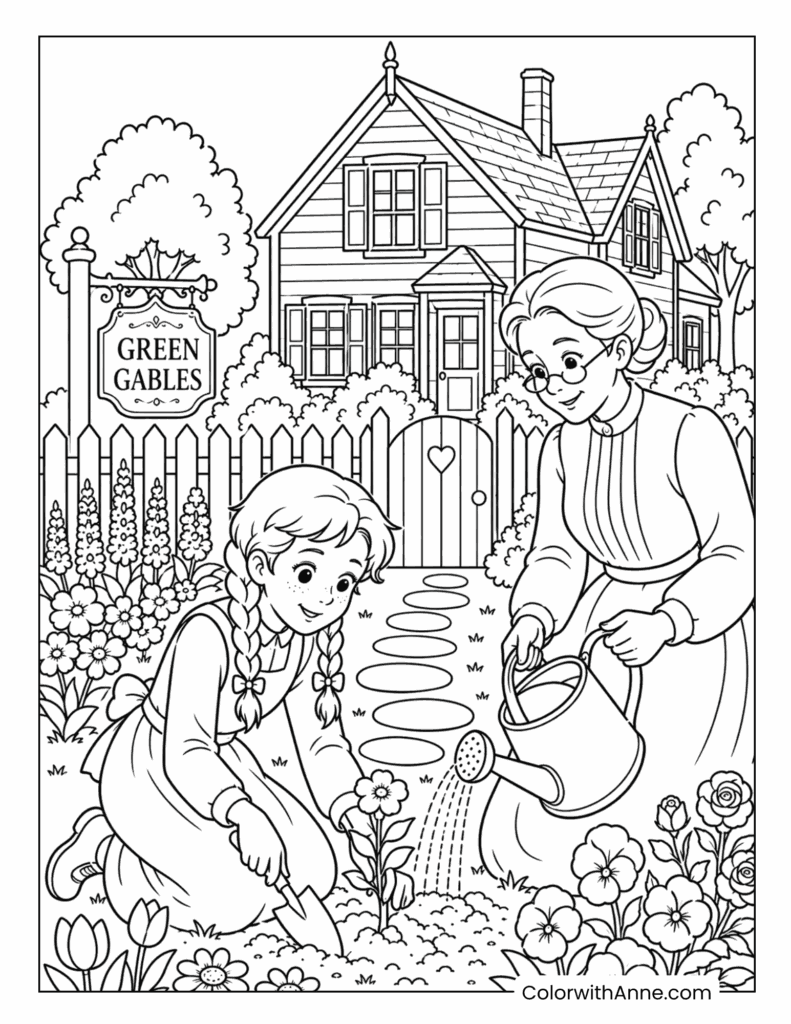 Anne and Marilla Gardening at Green Gables Coloring Page