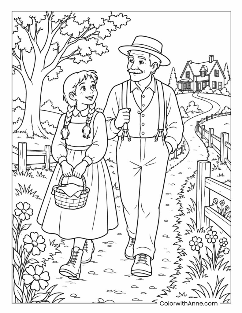 Anne and Matthew Walking Down the Country Lane Coloring Page