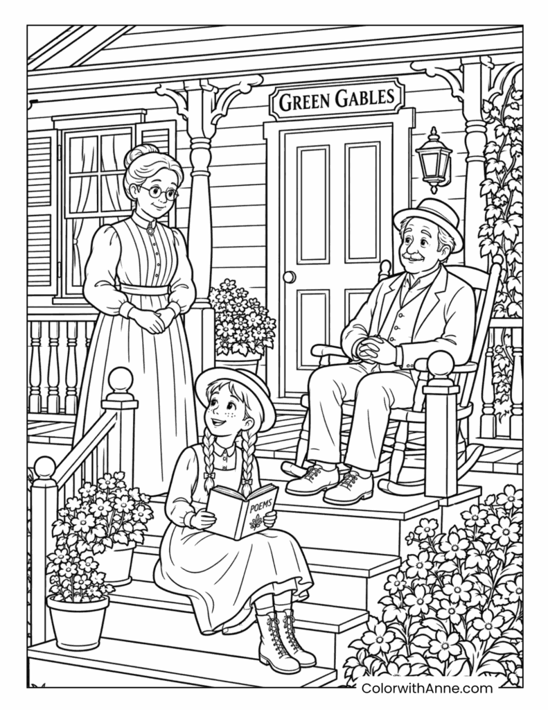 Anne at Green Gables Porch with Marilla and Matthew Coloring Page