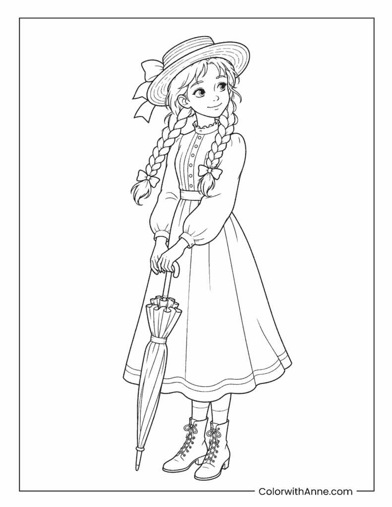 Anne of Green Gables Holding an Umbrella Coloring Page