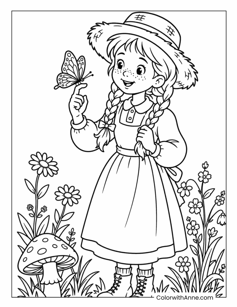 Anne with Butterfly in the Flower Garden Coloring Page for Kids