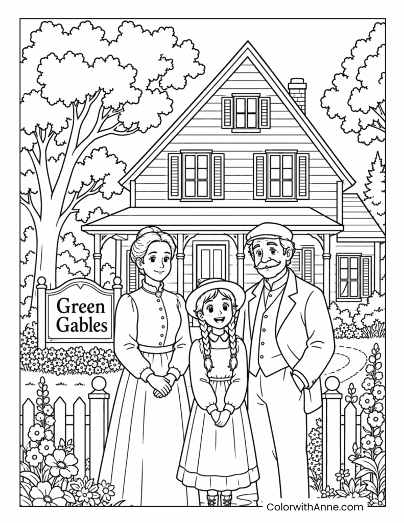 Anne with Marilla and Matthew at Green Gables Coloring Page for Kids