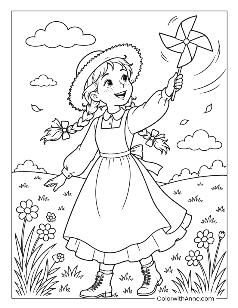 Anne with a Pinwheel in the Meadow Easy Coloring Page