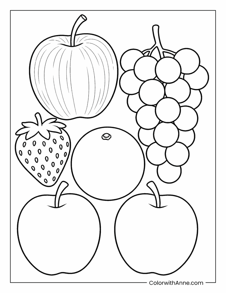 Apple, Orange, Grape, and Strawberry Coloring Page