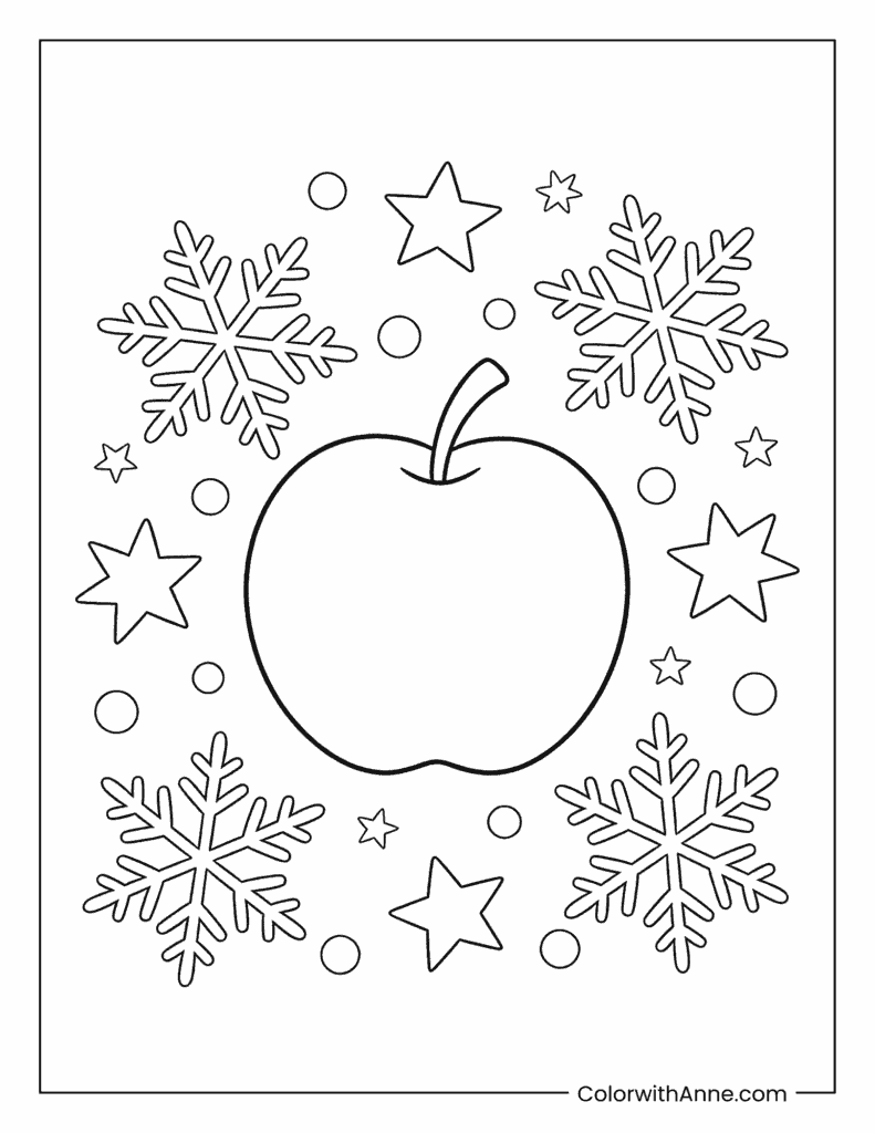 Apple Surrounded by Snowflakes and Stars Coloring Page