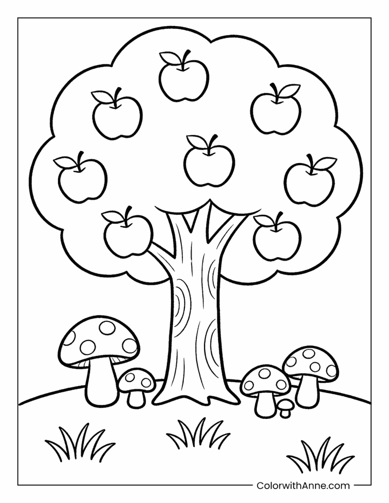 Apple Tree with Apples and Mushrooms Coloring Page