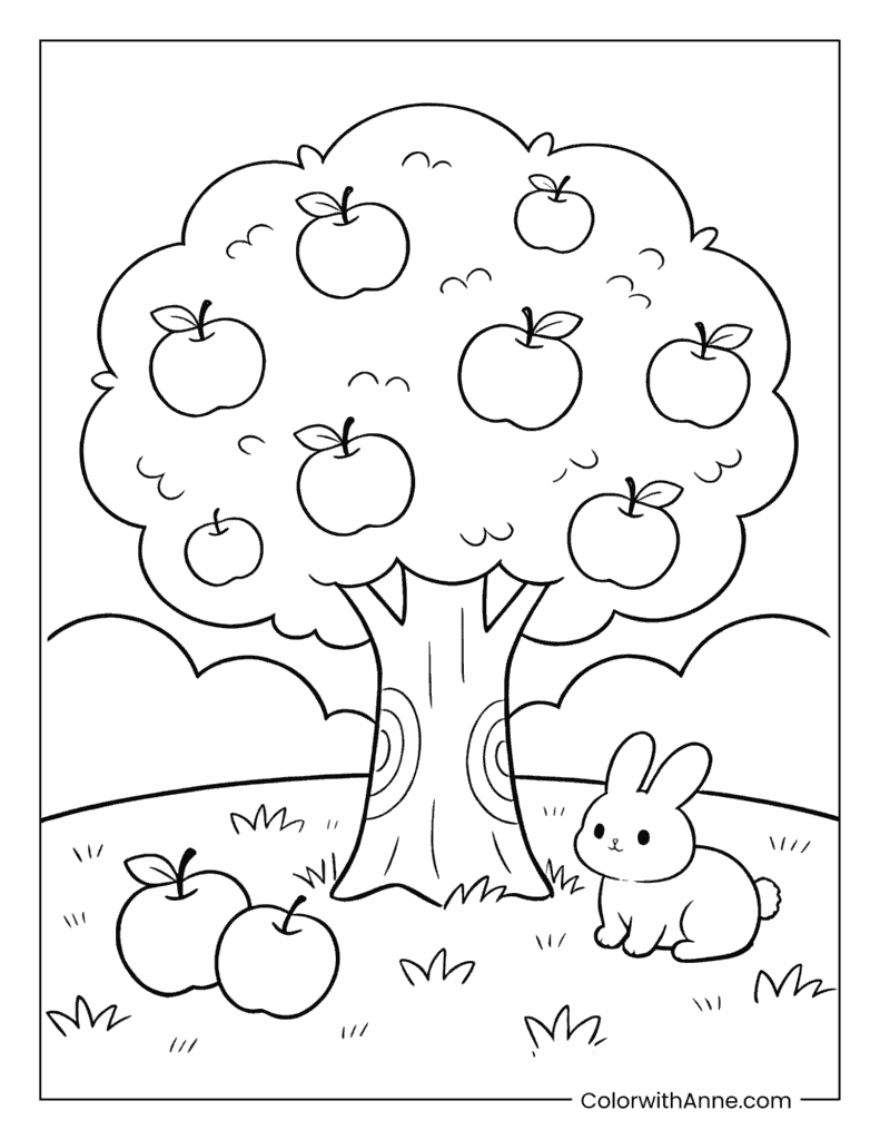 Apple Tree with Apples and a Happy Rabbit Coloring Page