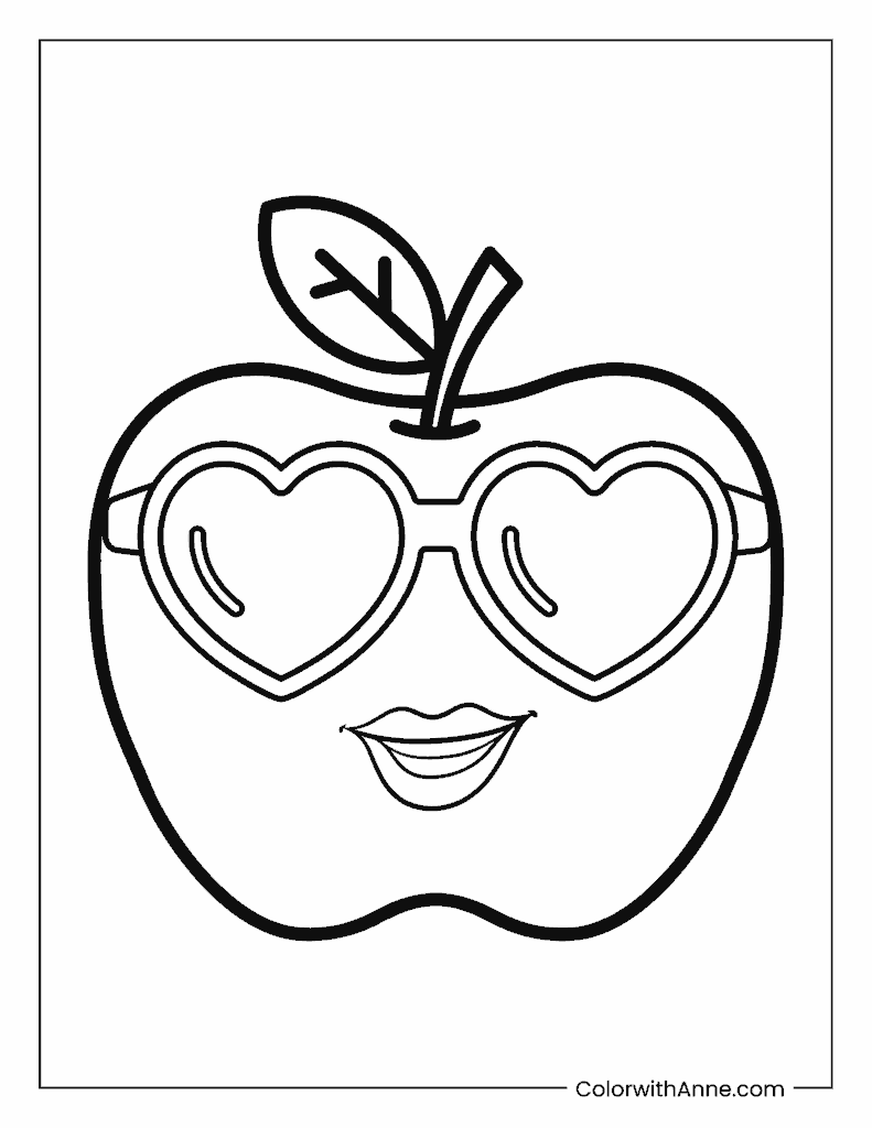 Apple with Heart-Shaped Sunglasses Coloring Page