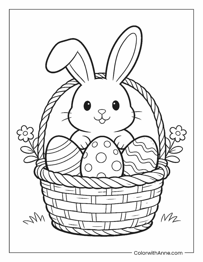 April Bunny in a Basket with Eggs Coloring Page
