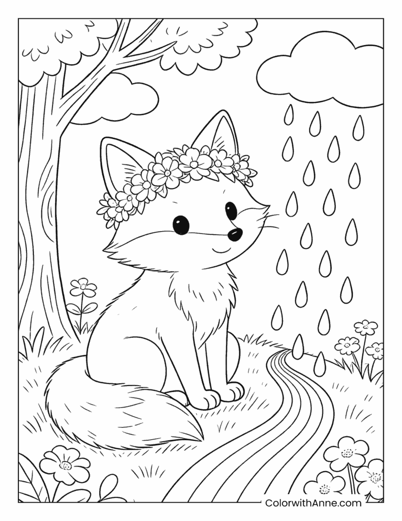 April Fox with Flower Crown in the Rain Coloring Page