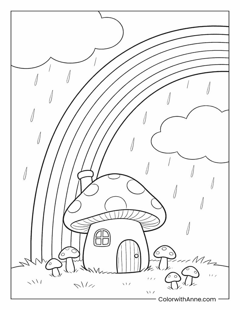 April Mushroom House After the Rain Coloring Page