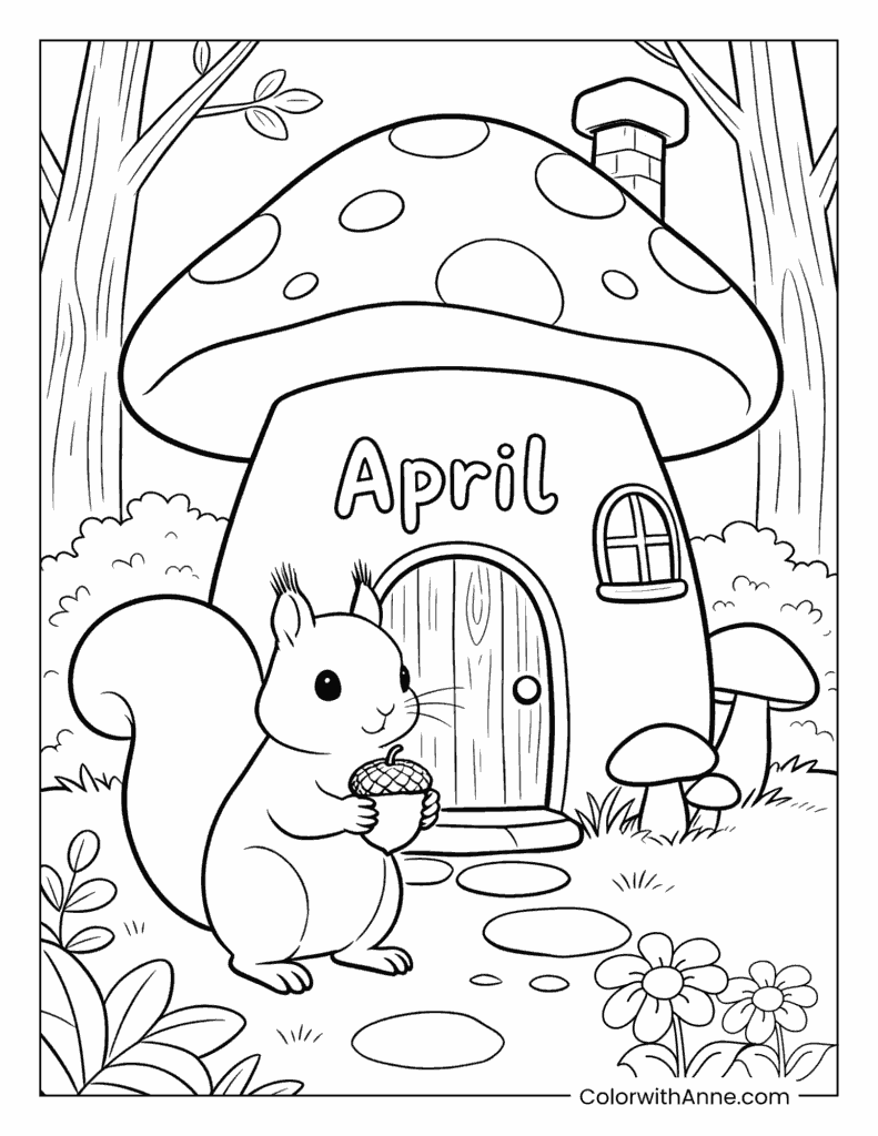 April Squirrel at a Mushroom House Coloring Page