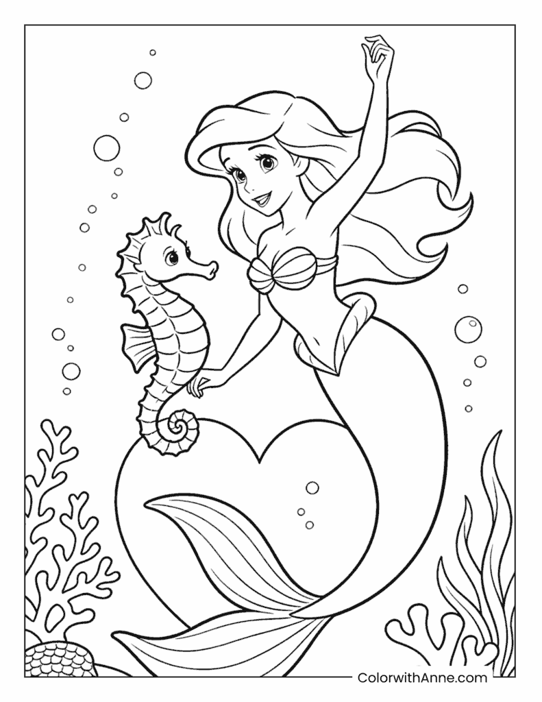 Ariel Holding a Seahorse Coloring Page