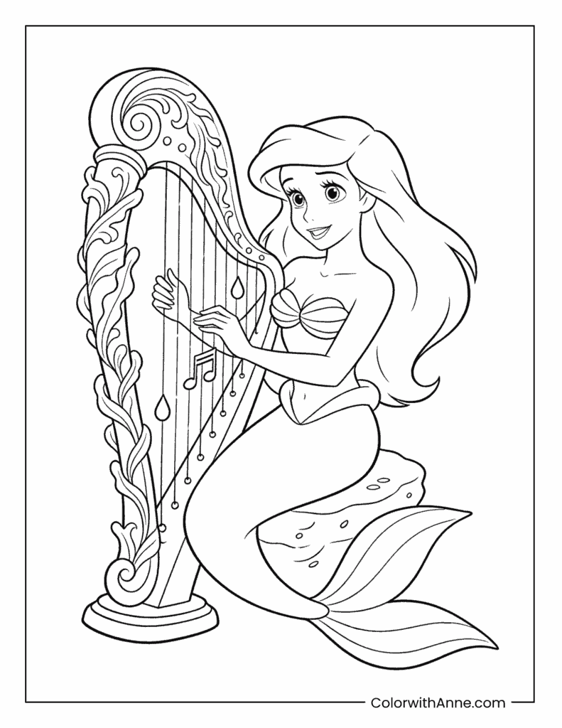 Ariel Playing a Harp on a Rock in the Sea Coloring Page