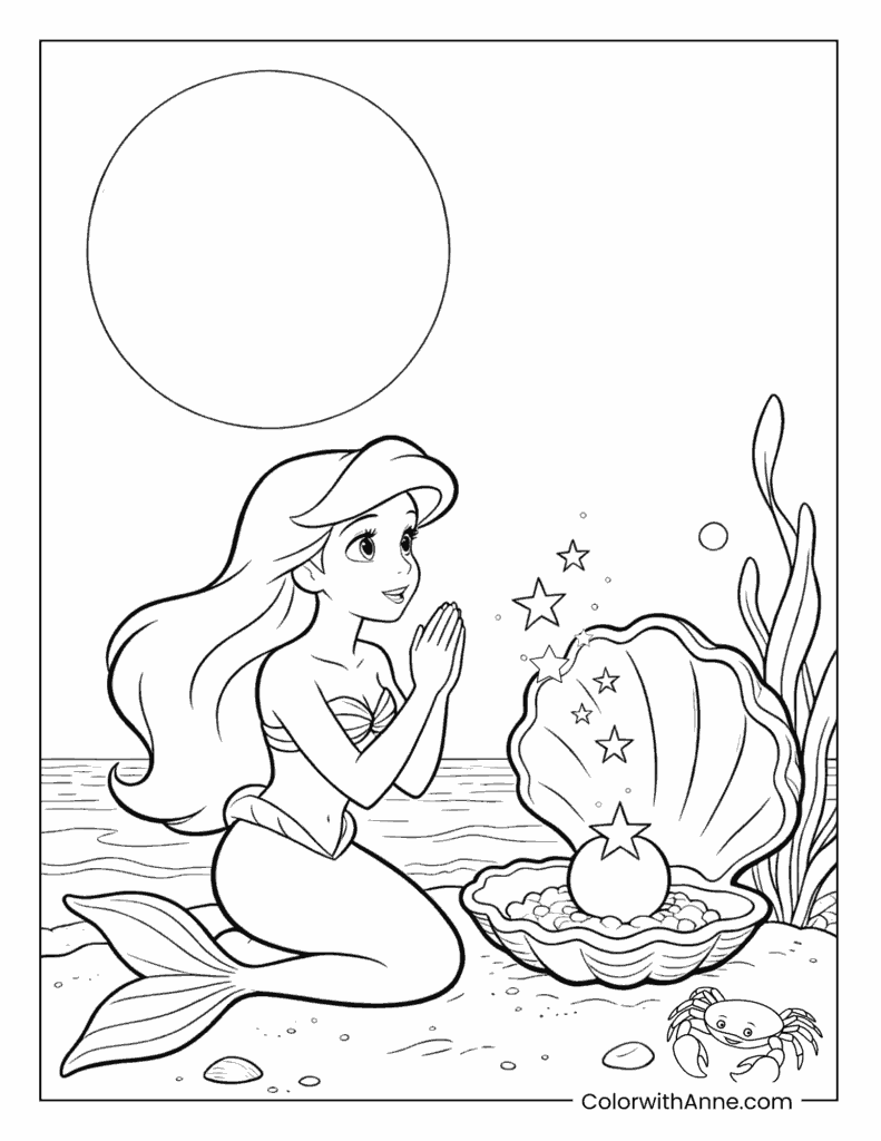 Ariel Praying Before a Shining Pearl in a Seashell Coloring Page