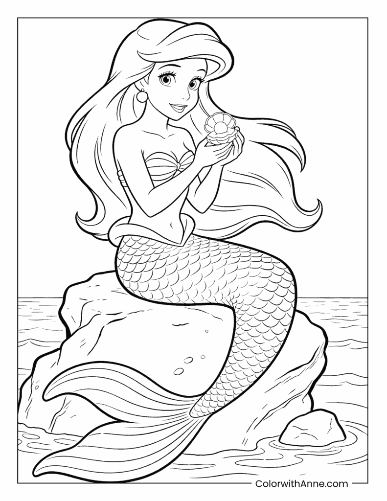Ariel Sitting on a Rock with a Seashell Coloring Page