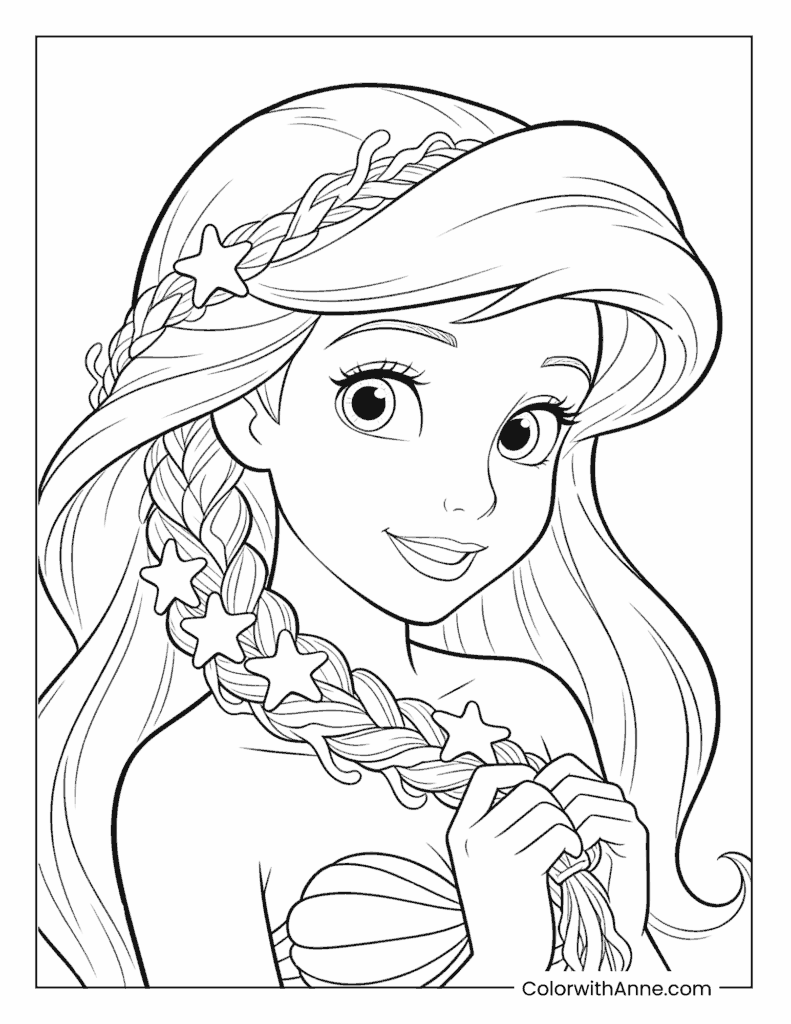 Ariel Smiling with a Braided Hair and Star Accessories Coloring Page