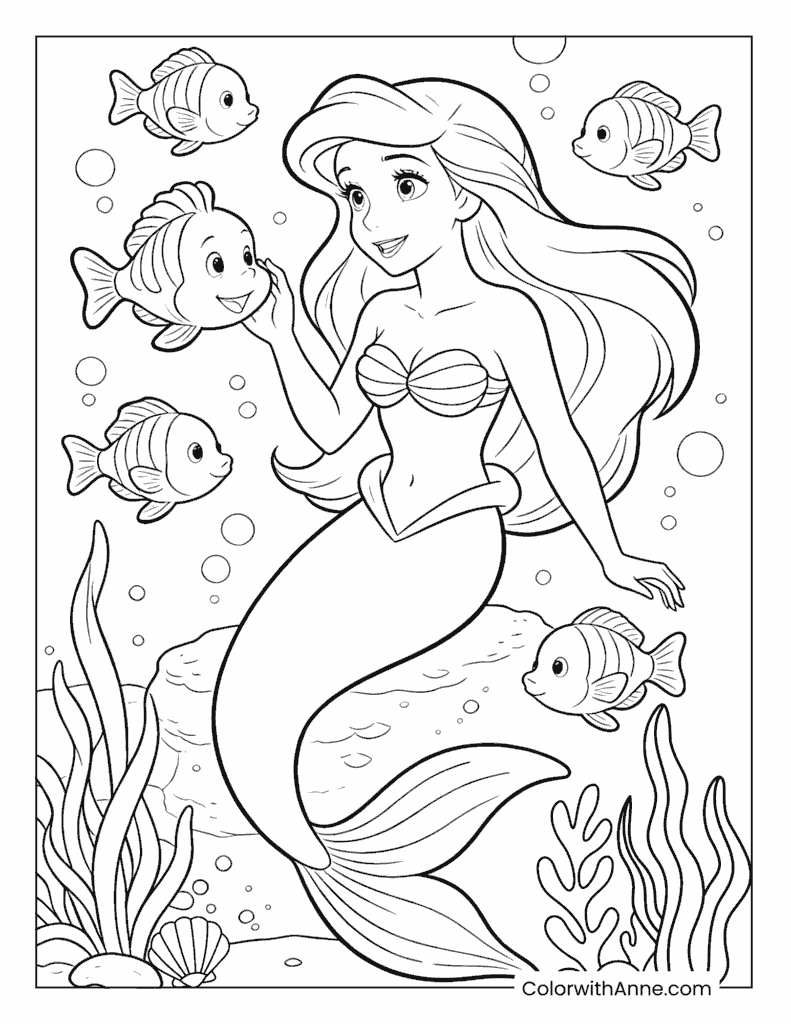 Ariel Underwater with Clownfish Friends Coloring Page