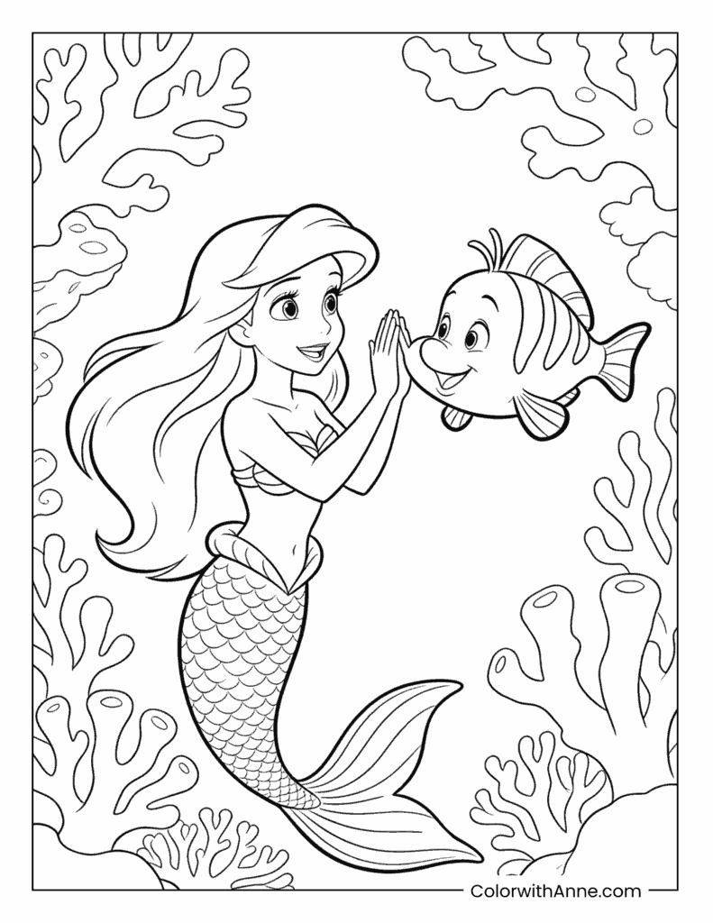 Ariel and Flounder the Fish in a Coral Reef Coloring Page