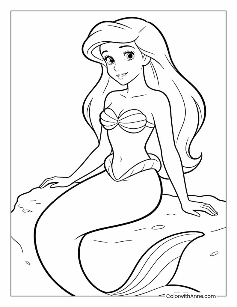 Ariel the Mermaid Sitting on a Rock Coloring Page