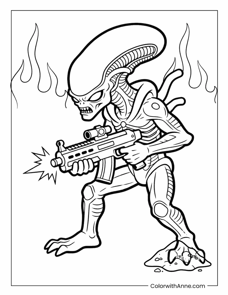 Armored Alien with Blaster Gun Coloring Page