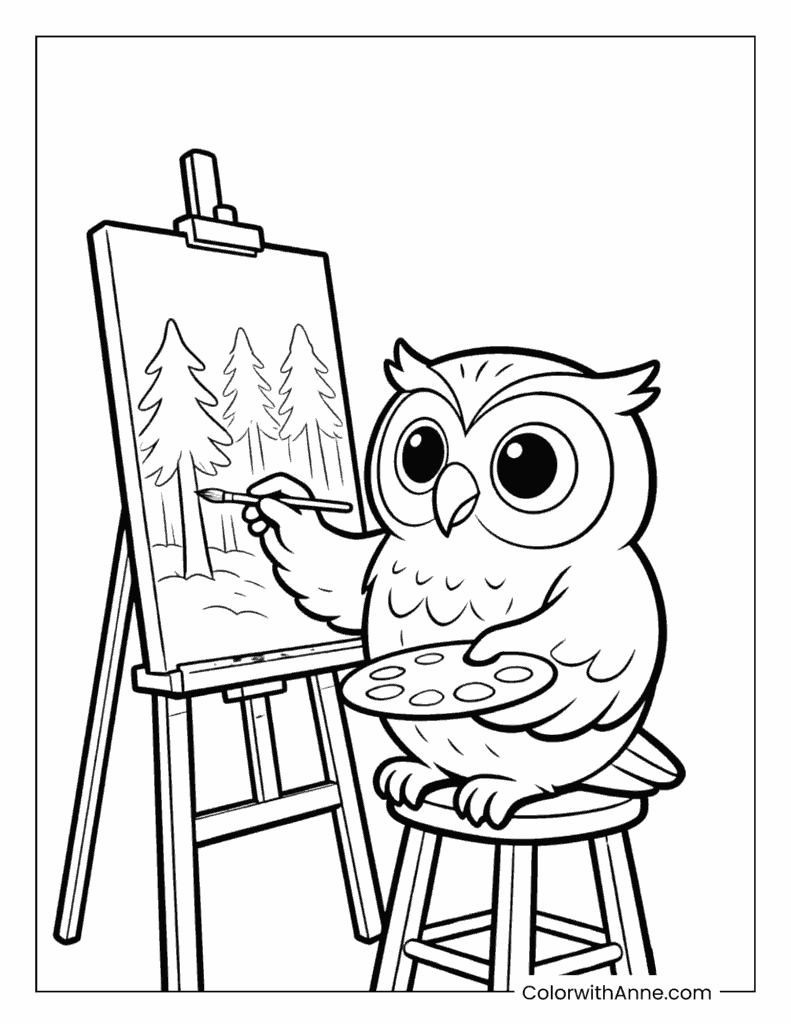 Artist Owl at the Easel Coloring Page