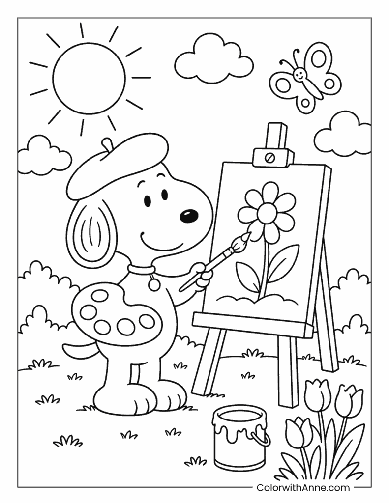 Artist Snoopy Painting a Flower on an Easel Coloring Page