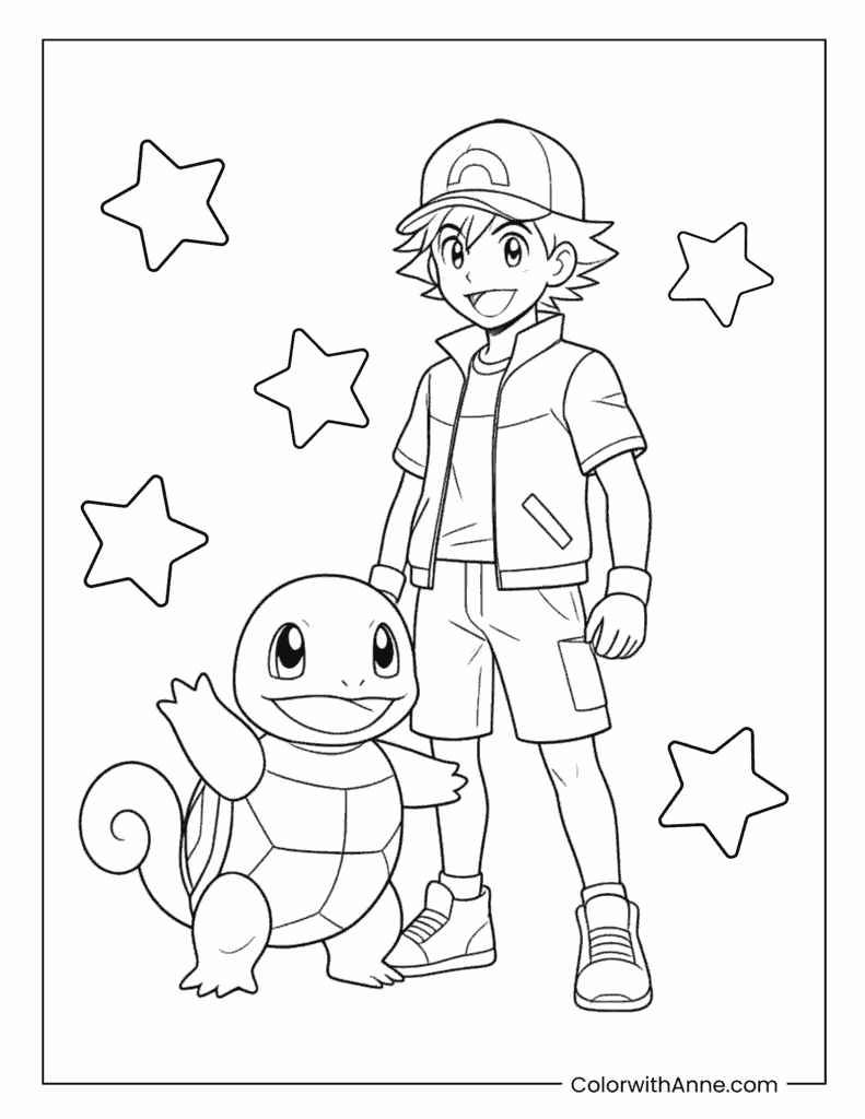 Ash Ketchum and Happy Waving Squirtle Coloring Page