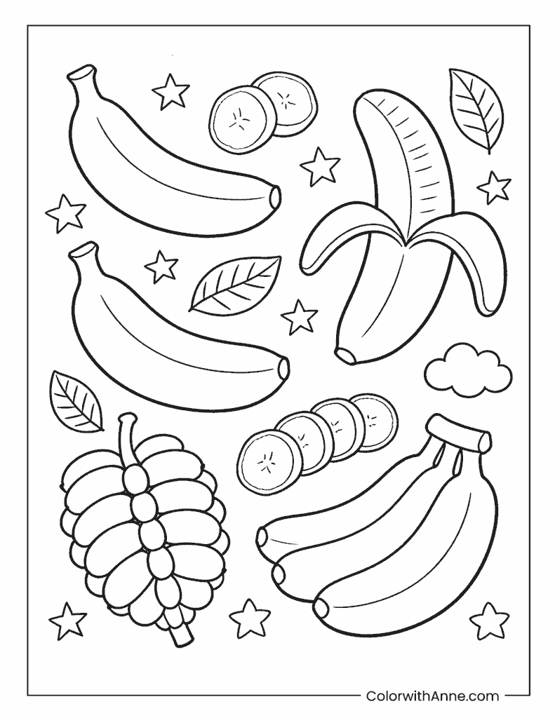 Assorted Bananas with Stars and Clouds Coloring Page