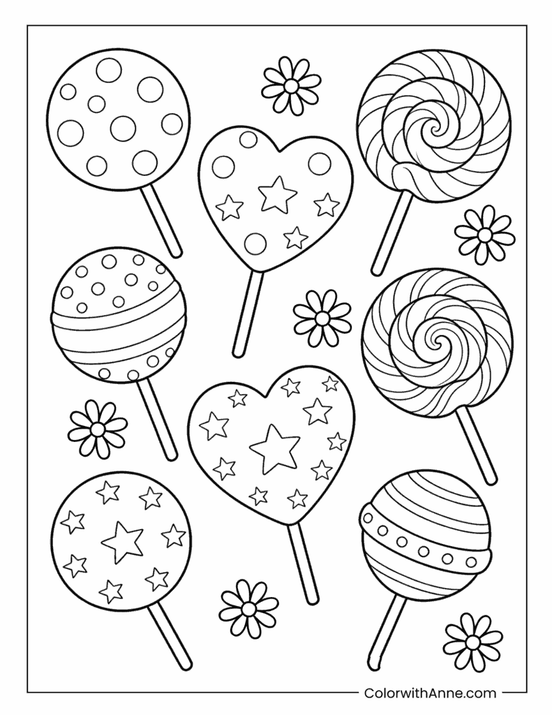 Assorted Lollipops with Flowers Coloring Page