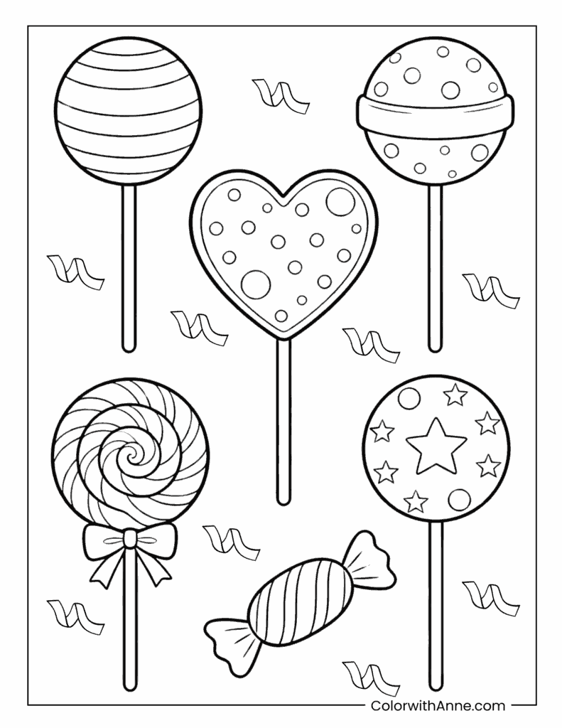 Assorted Lollipops with Ribbons Coloring Page
