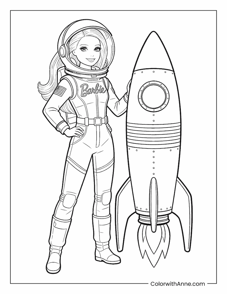 Astronaut Barbie with a Rocket Coloring Page