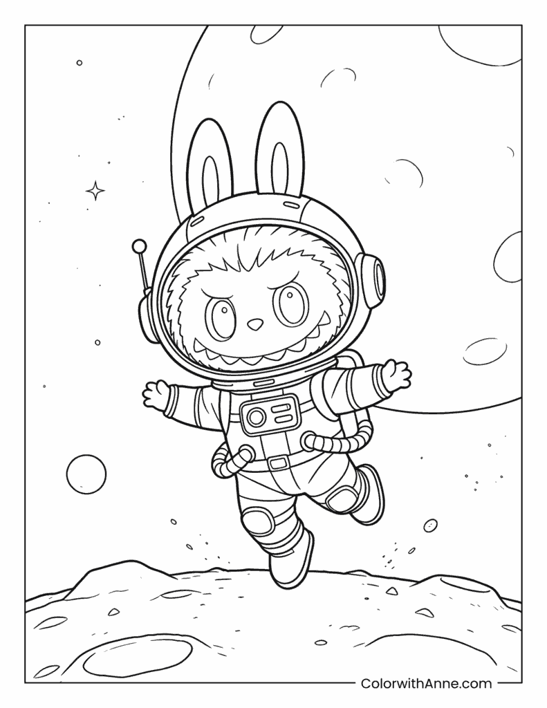 Astronaut Labubu on the Moon Coloring Page