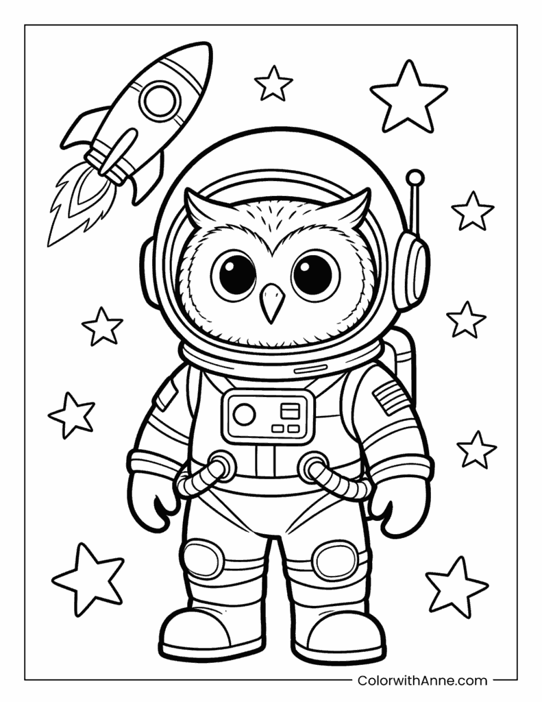 Astronaut Owl in Space Coloring Page