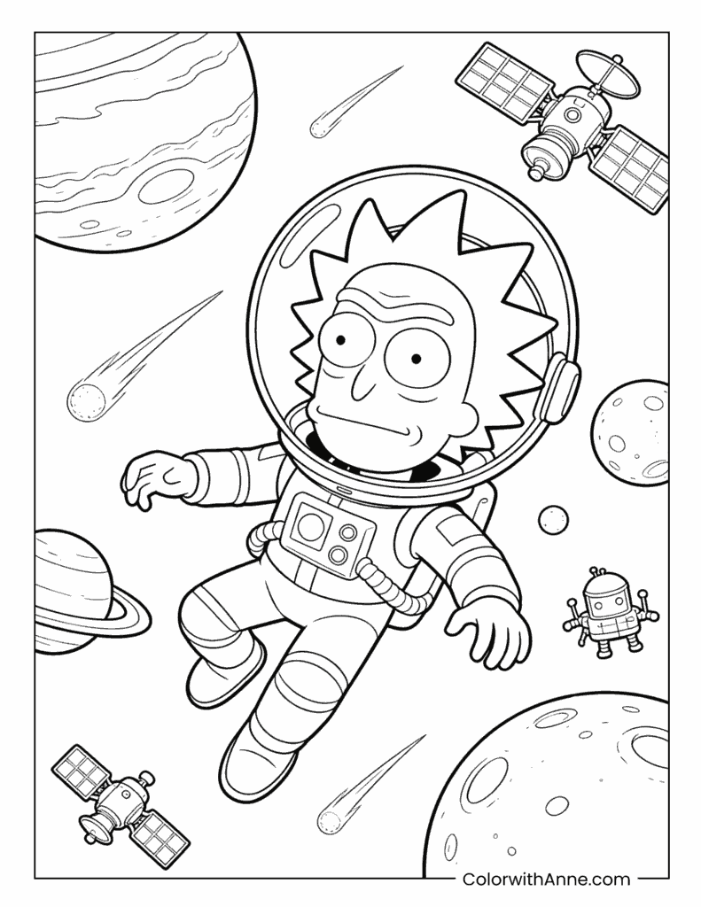 Astronaut Rick Floating in Space with Planets and Satellites Coloring Page