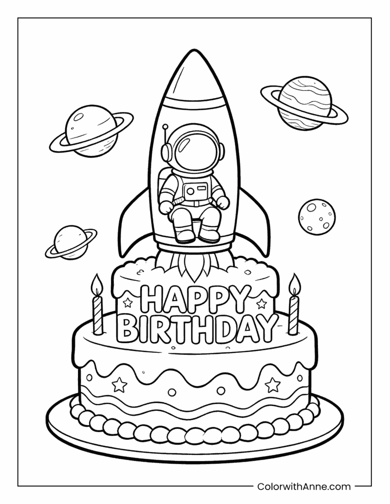 Astronaut Rocket Birthday Cake Coloring Page
