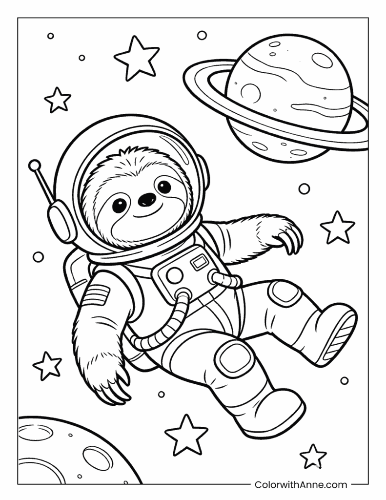 Astronaut Sloth Floating in Space Coloring Page