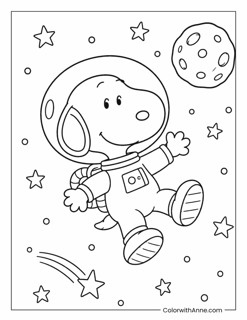 Astronaut Snoopy Floating in Outer Space Coloring Page