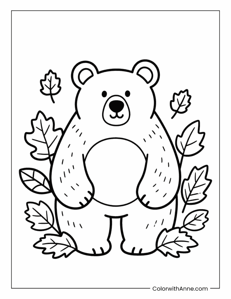 Autumn Bear with Leaves Coloring Page