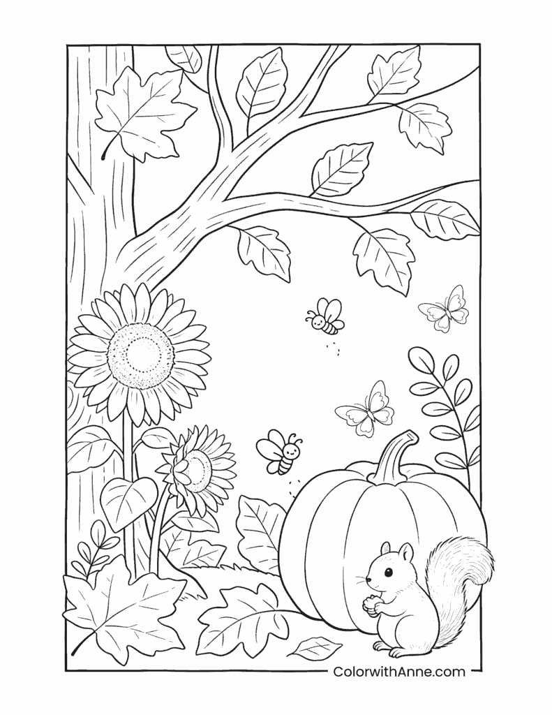 Autumn Garden with Squirrel and Pumpkin Coloring Page