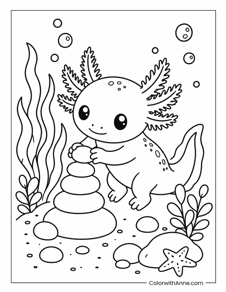 Axolotl Building a Stone Tower Coloring Page